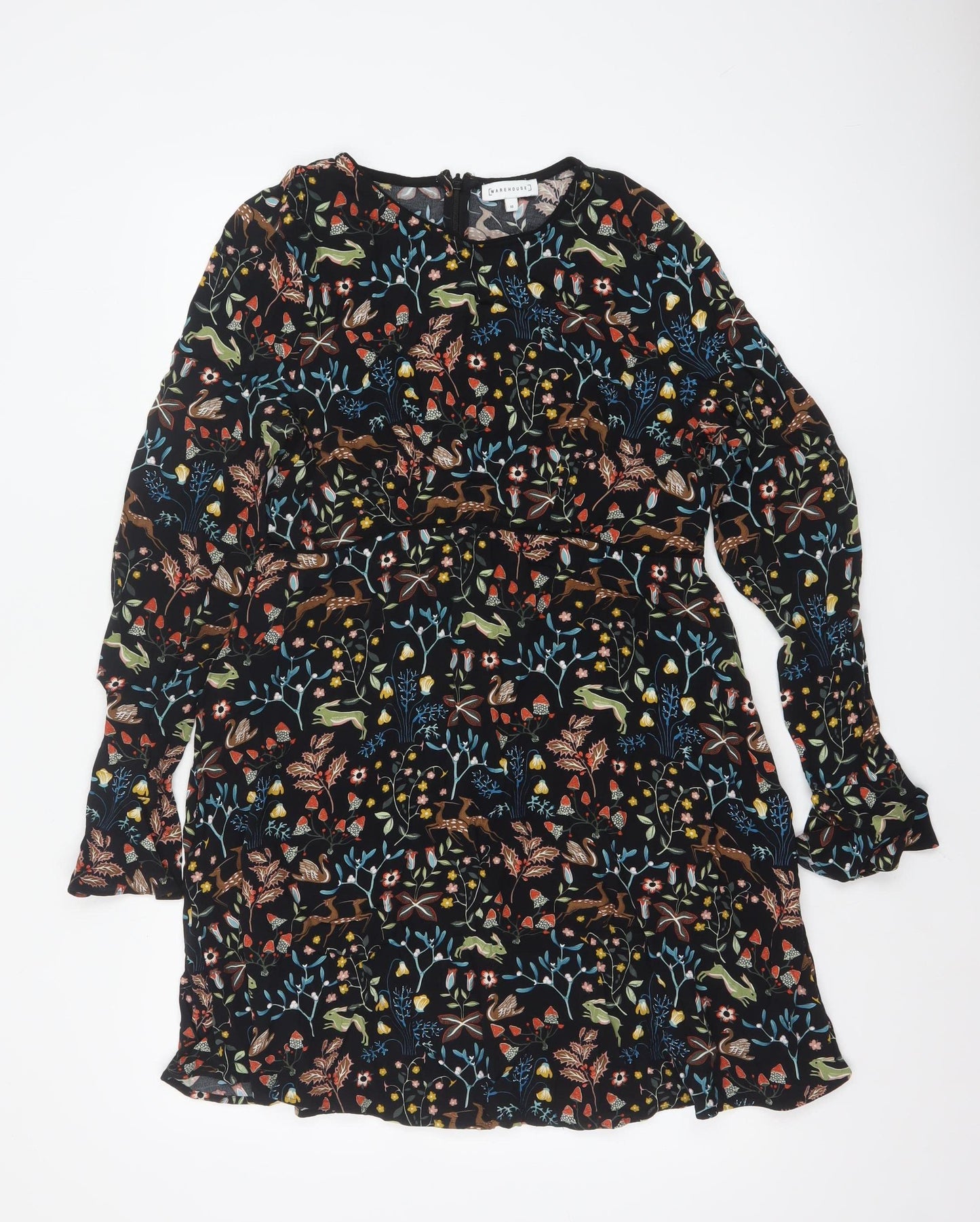 Warehouse Women Black Animal Print A-Line Long Sleeve Dress Size 16