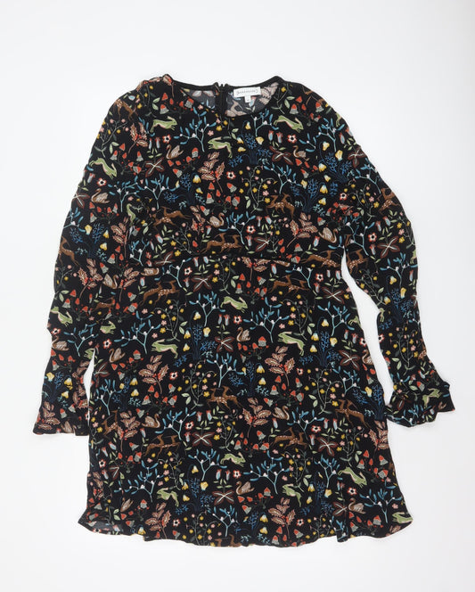 Warehouse Women Black Animal Print A-Line Long Sleeve Dress Size 16