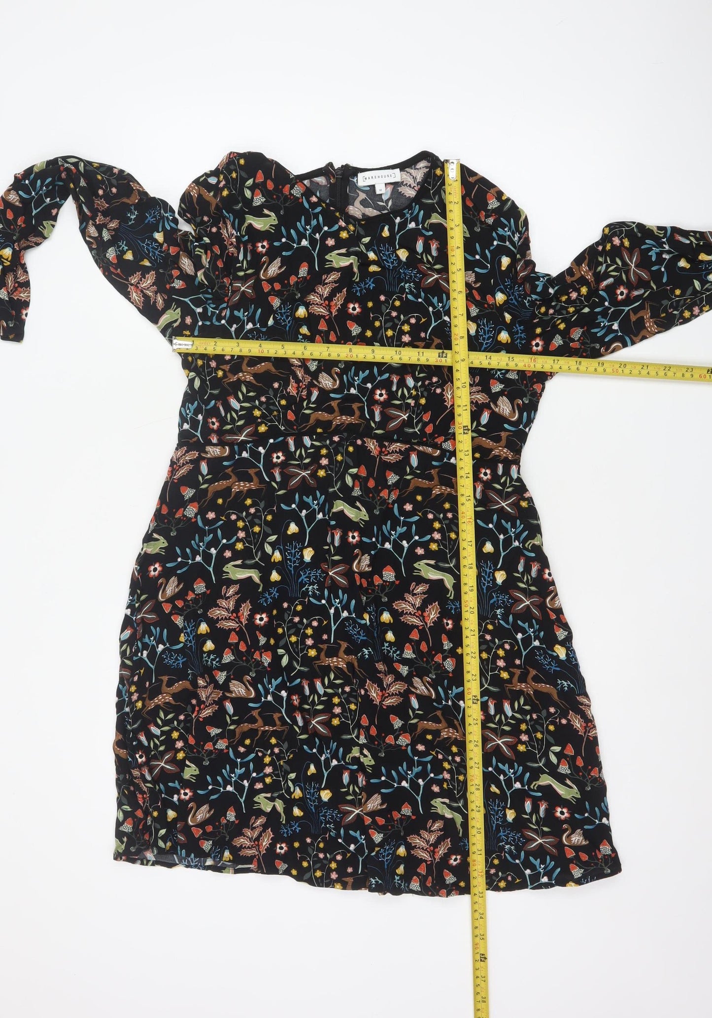 Warehouse Women Black Animal Print A-Line Long Sleeve Dress Size 16