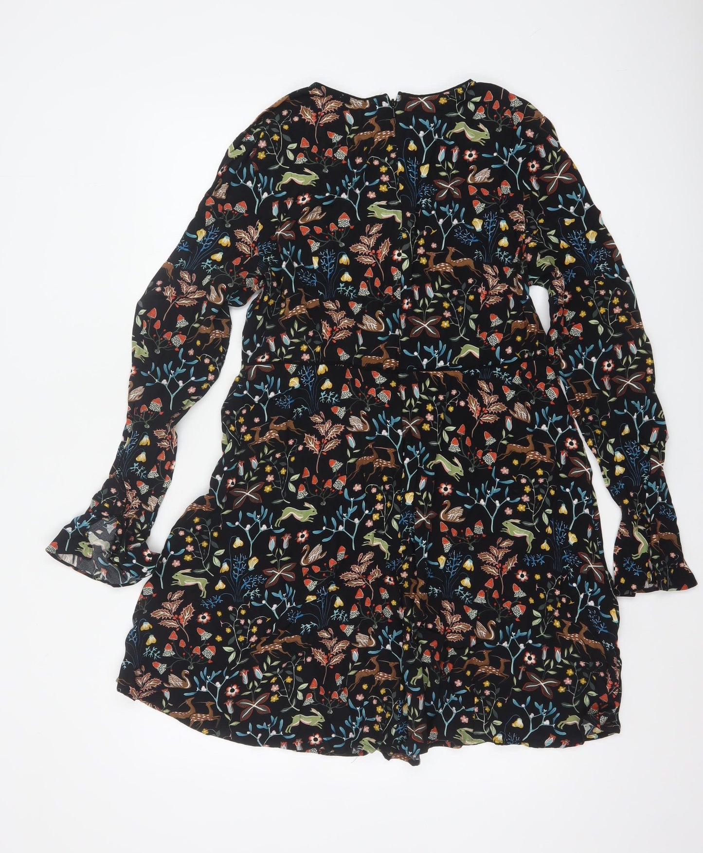 Warehouse Women Black Animal Print A-Line Long Sleeve Dress Size 16