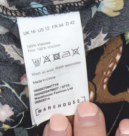 Warehouse Women Black Animal Print A-Line Long Sleeve Dress Size 16