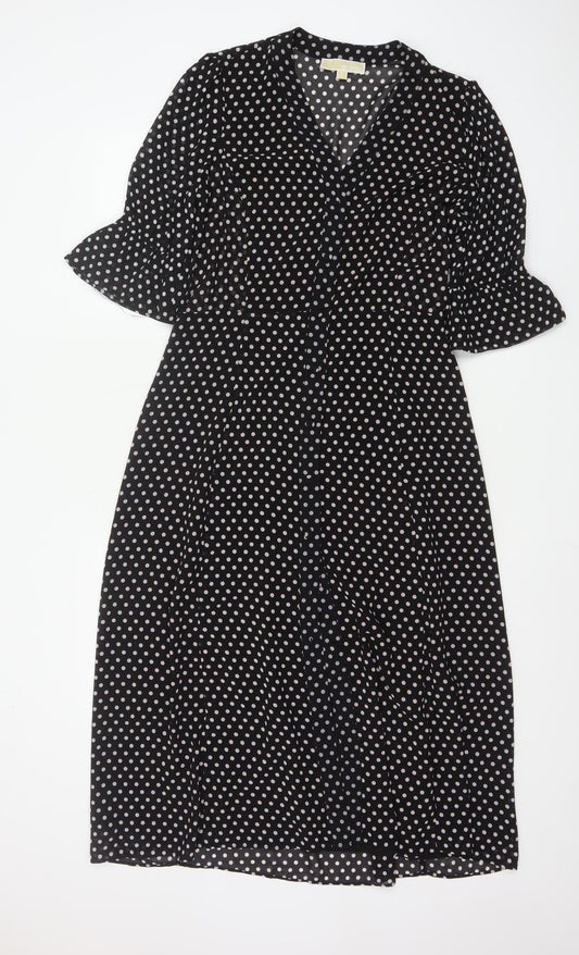 Michael Kors Women Black Polka Dot Midi Wrap Dress S