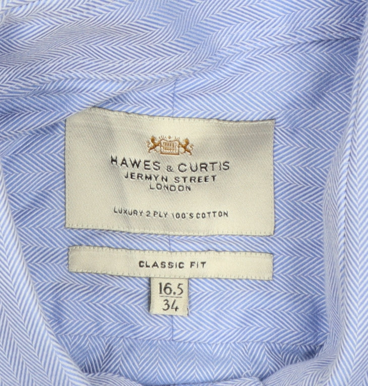 Hawes & Curtis Men's Blue Classic Fit Long Sleeve Dress Shirt 16.5/34 Cotton
