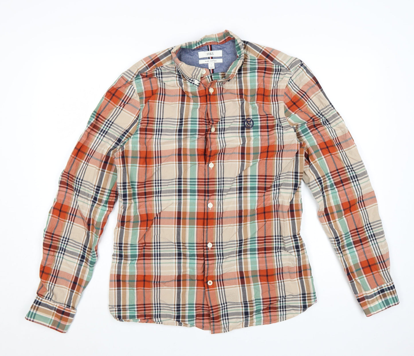 Marks and Spencer Men's Multicoloured Checked Pure Cotton Band Collar Shirt Size S