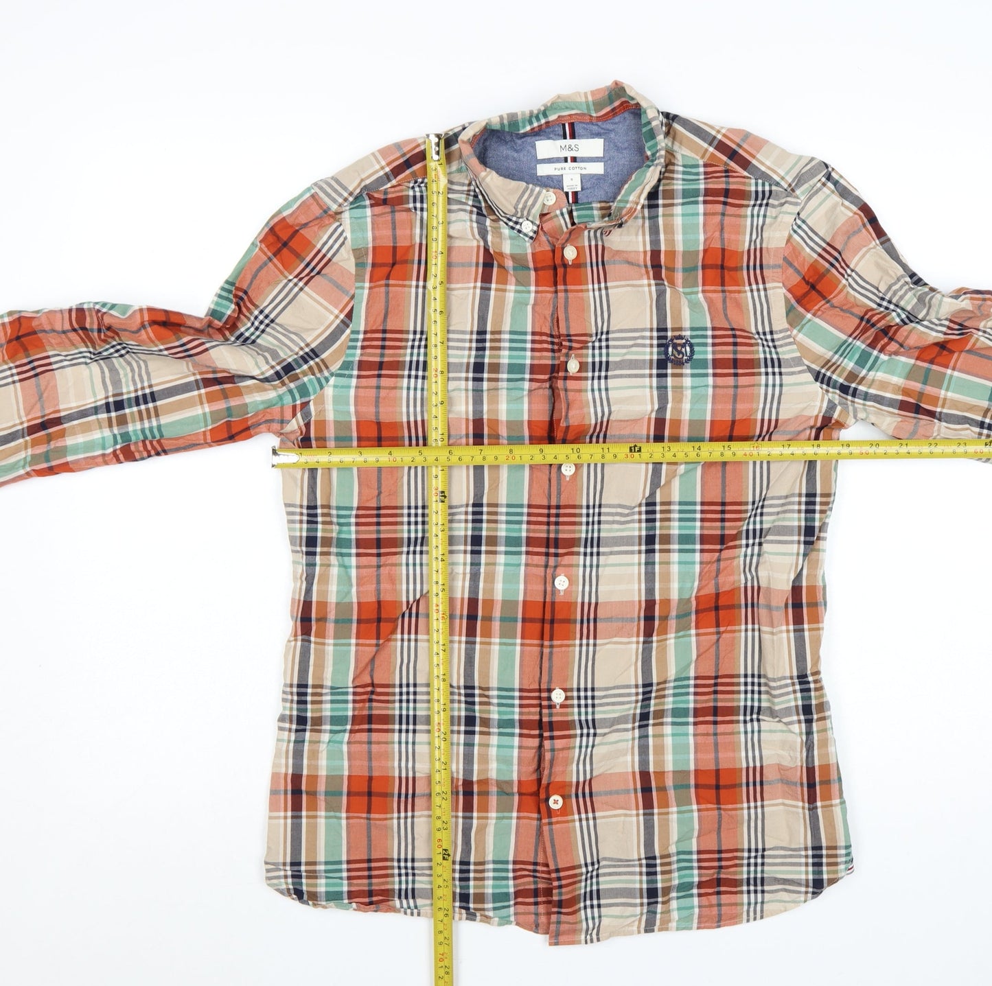 Marks and Spencer Men's Multicoloured Checked Pure Cotton Band Collar Shirt Size S