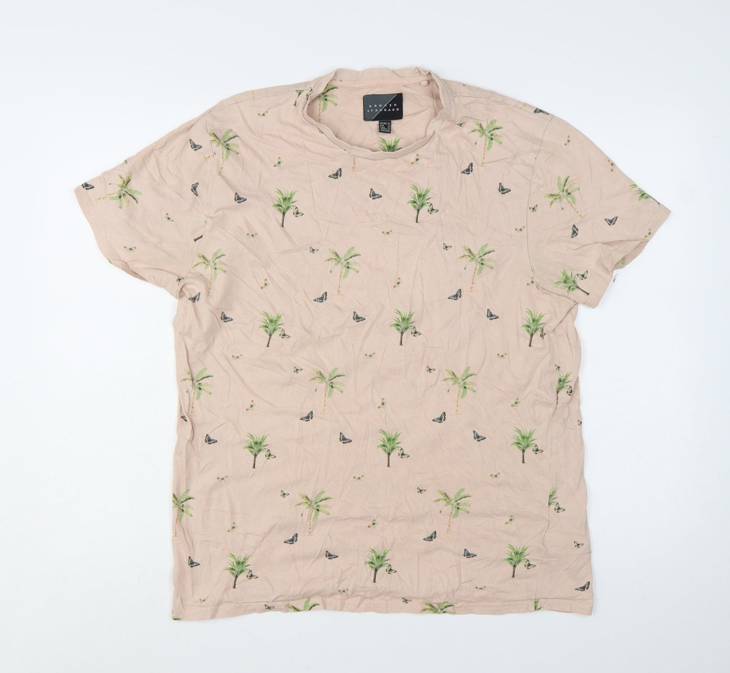 Broken Standard Men Beige Palm Tree Graphic Print T-Shirt XL