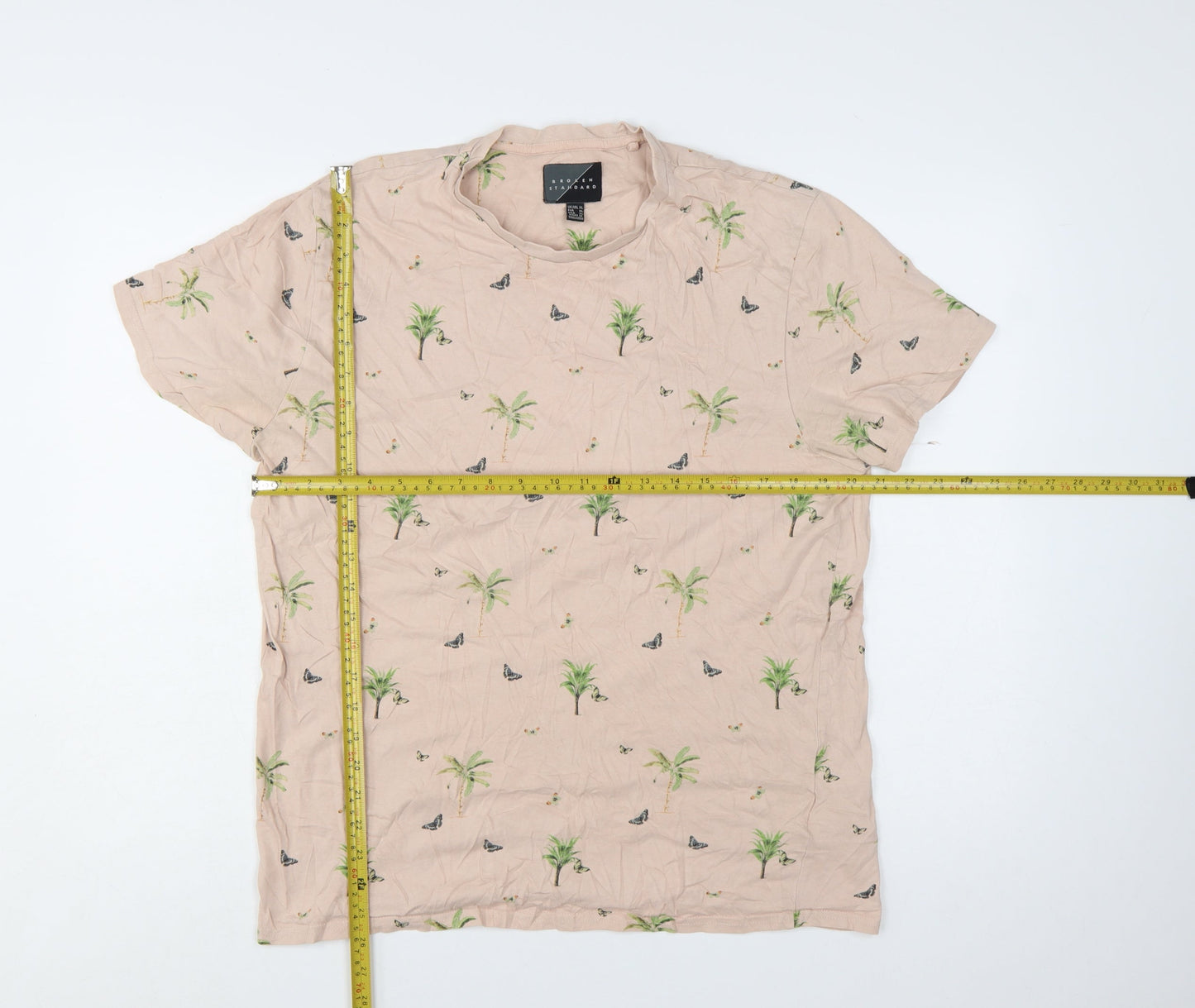 Broken Standard Men Beige Palm Tree Graphic Print T-Shirt XL