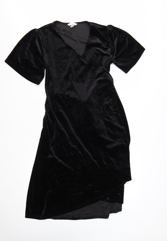 H&M Maternity Black Velvet Wrap Midi Dress Size 12
