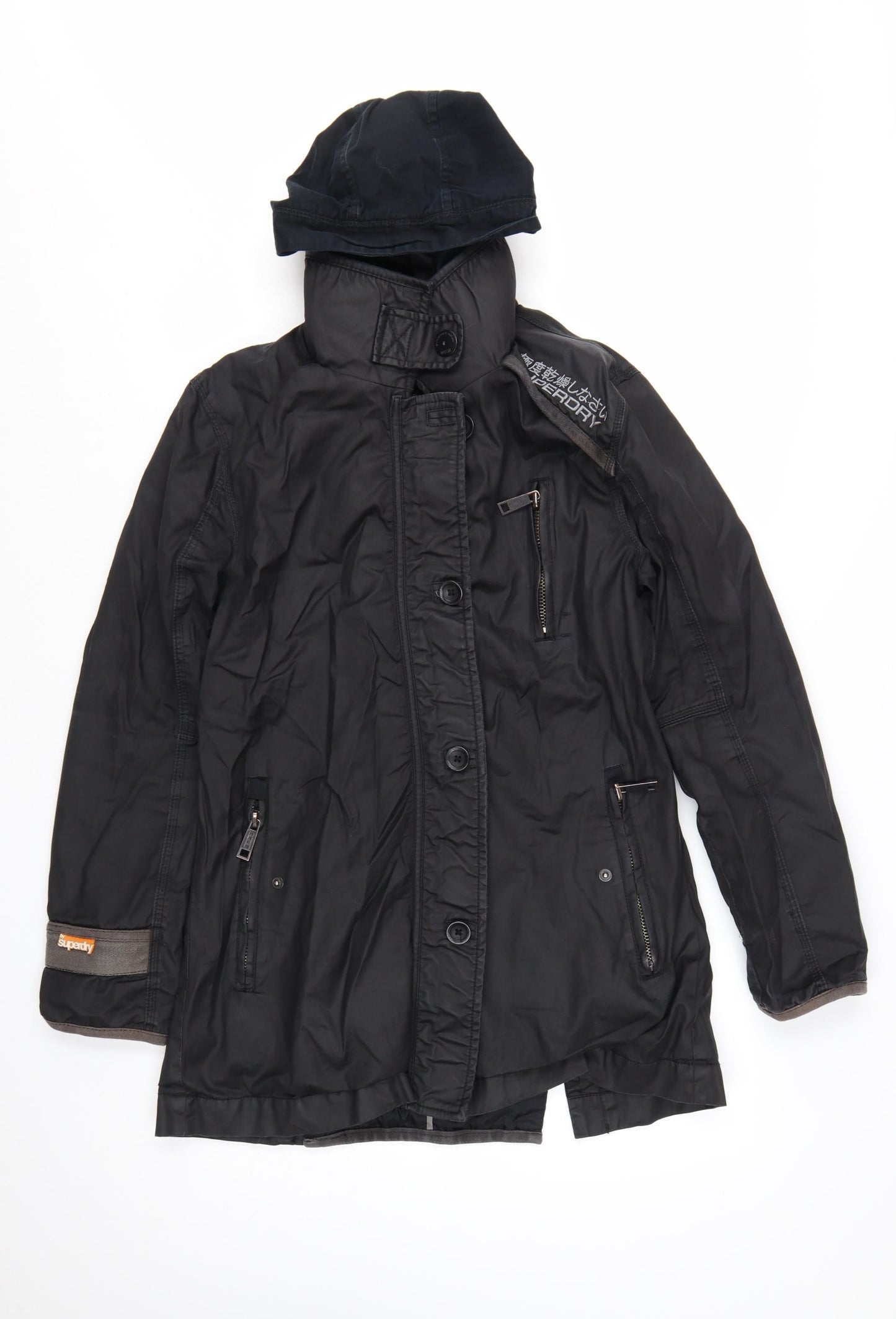 Superdry Women Black Long Trench Coat L Hooded Zip Jacket