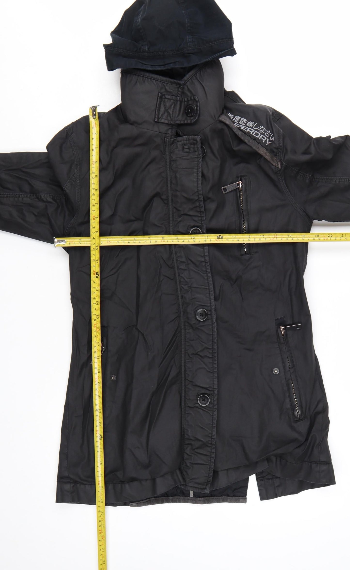 Superdry Women Black Long Trench Coat L Hooded Zip Jacket