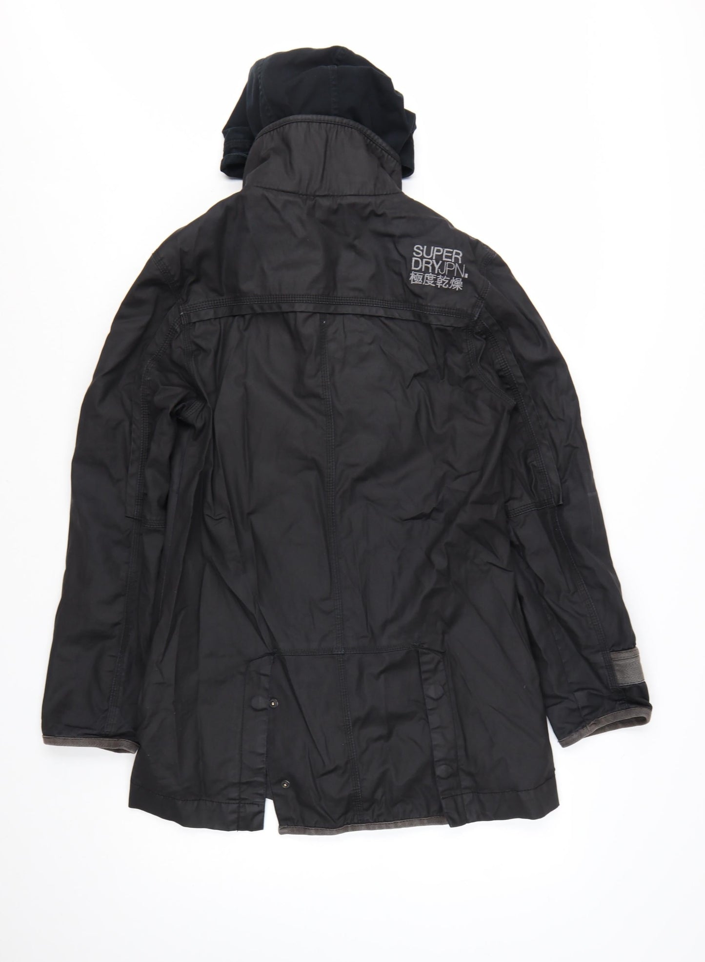 Superdry Women Black Long Trench Coat L Hooded Zip Jacket