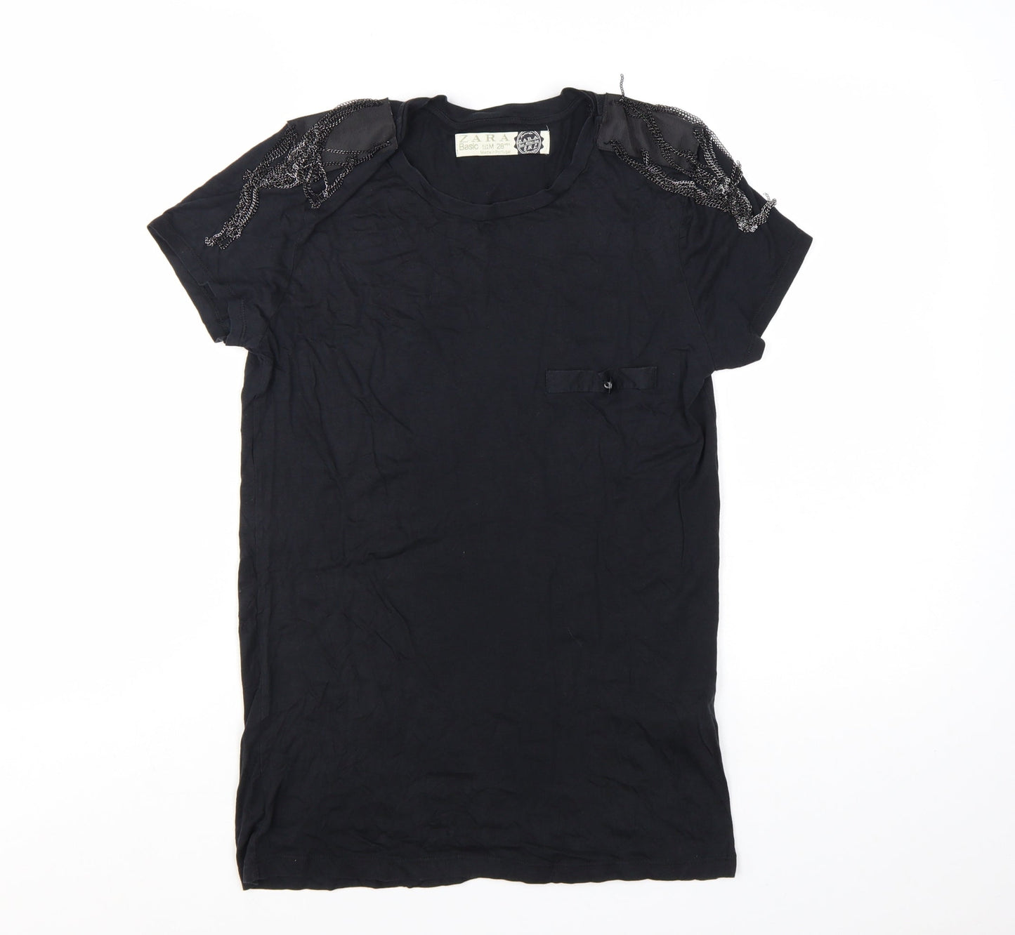Zara Women Black Basic Beaded Shoulder Short Sleeve T-Shirt M
