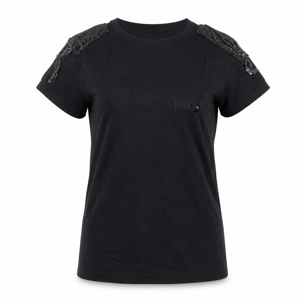 Zara Women Black Basic Beaded Shoulder Short Sleeve T-Shirt M