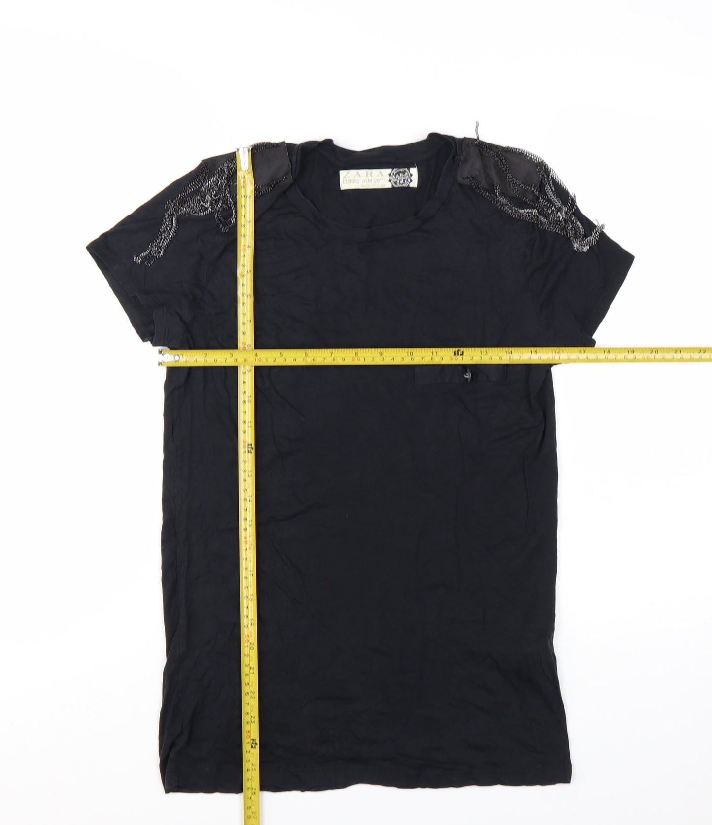 Zara Women Black Basic Beaded Shoulder Short Sleeve T-Shirt M