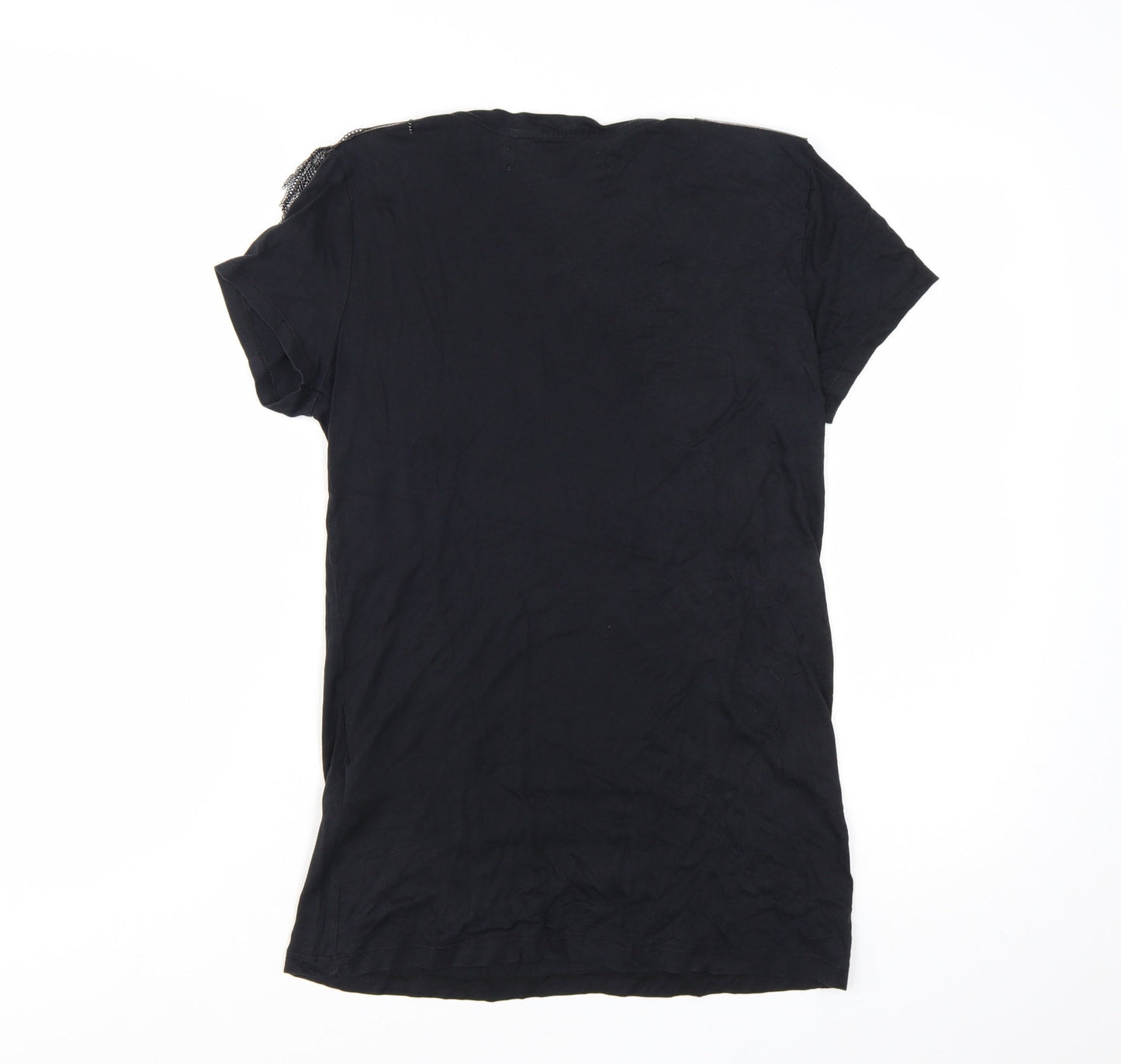 Zara Women Black Basic Beaded Shoulder Short Sleeve T-Shirt M