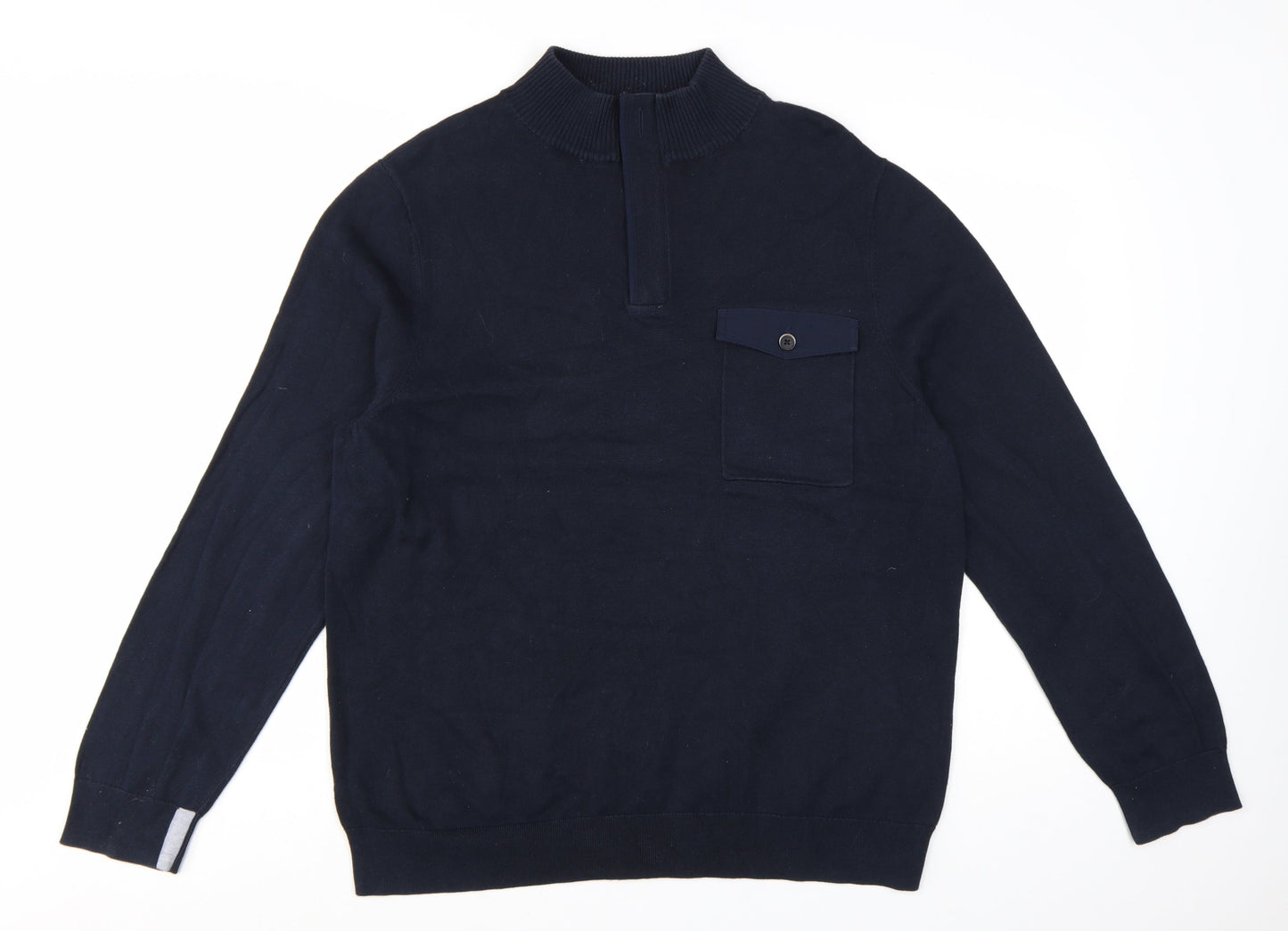 White Stuff Men's Blue 2XL Half Zip High Neck Cotton Jumper