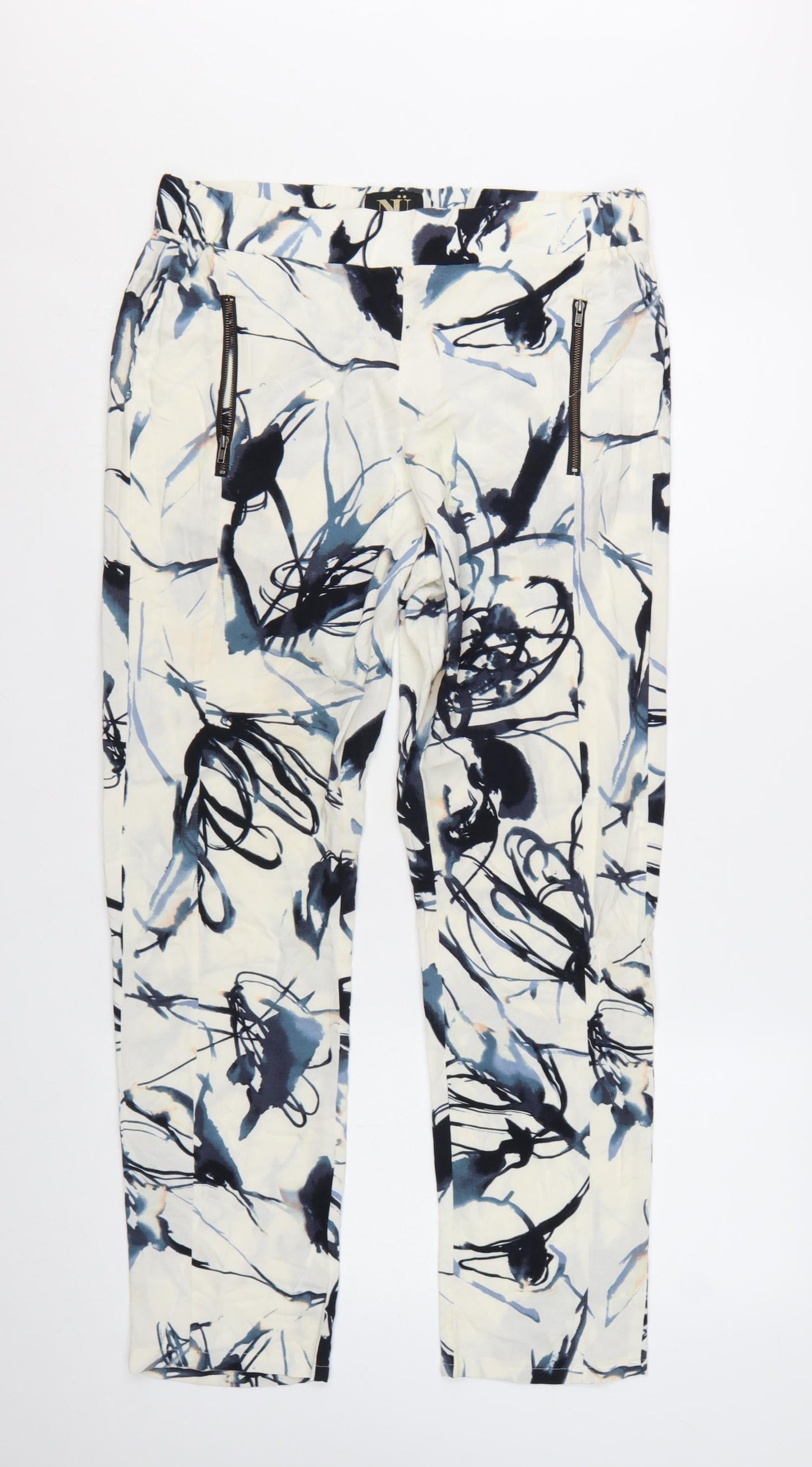 NU Denmark Womens White Blue Abstract Print Trousers Size 12