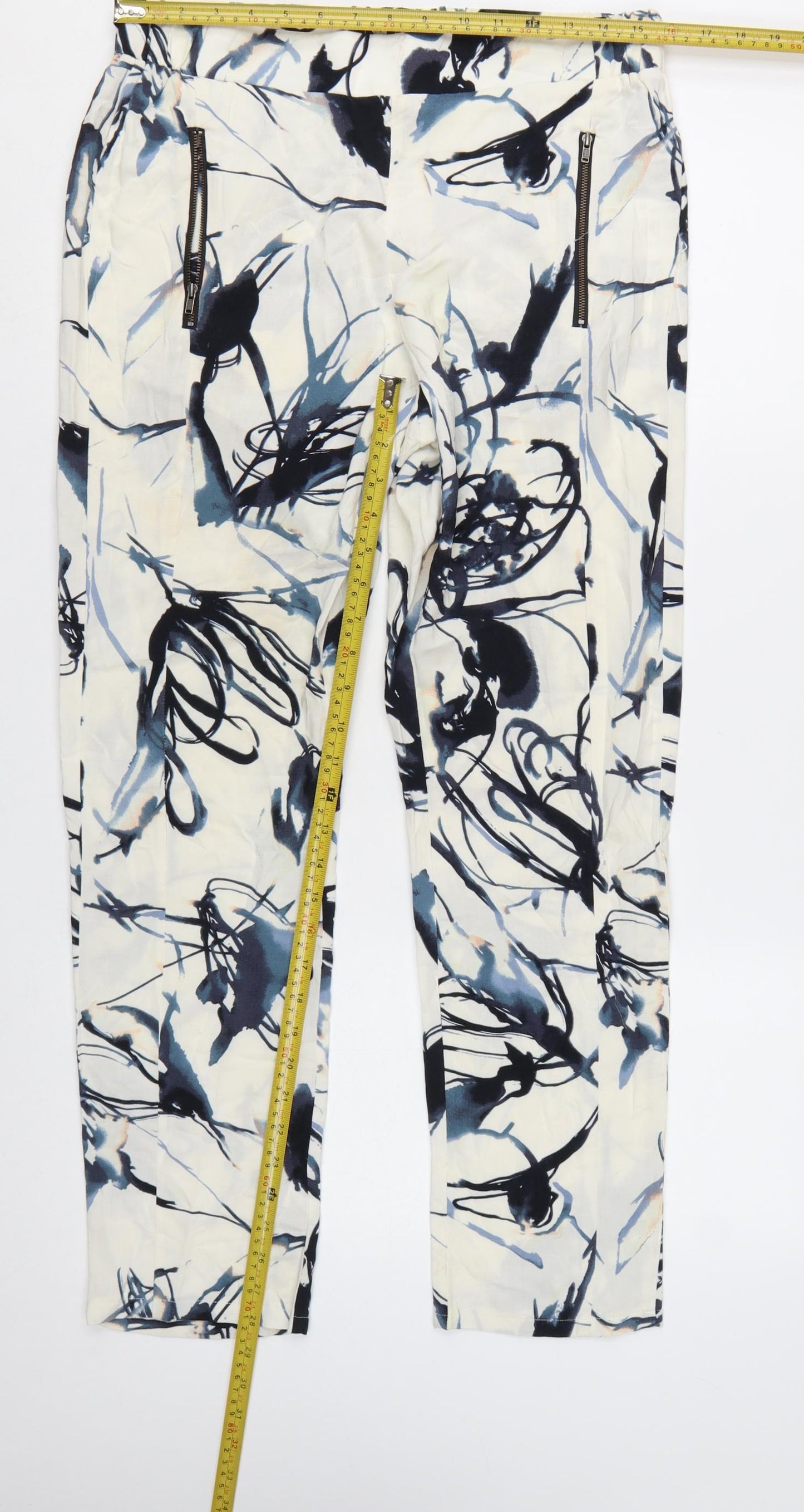 NU Denmark Womens White Blue Abstract Print Trousers Size 12