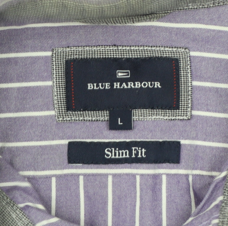 Marks and Spencer Blue Harbour Men's Purple Striped Slim Fit Long Sleeve Cotton Shirt Size L