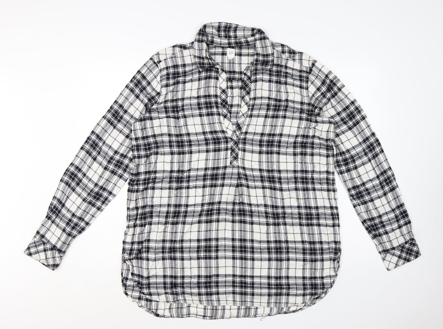 GAP Womens Black Plaid Long Sleeve Rayon Button-Up Shirt Size L