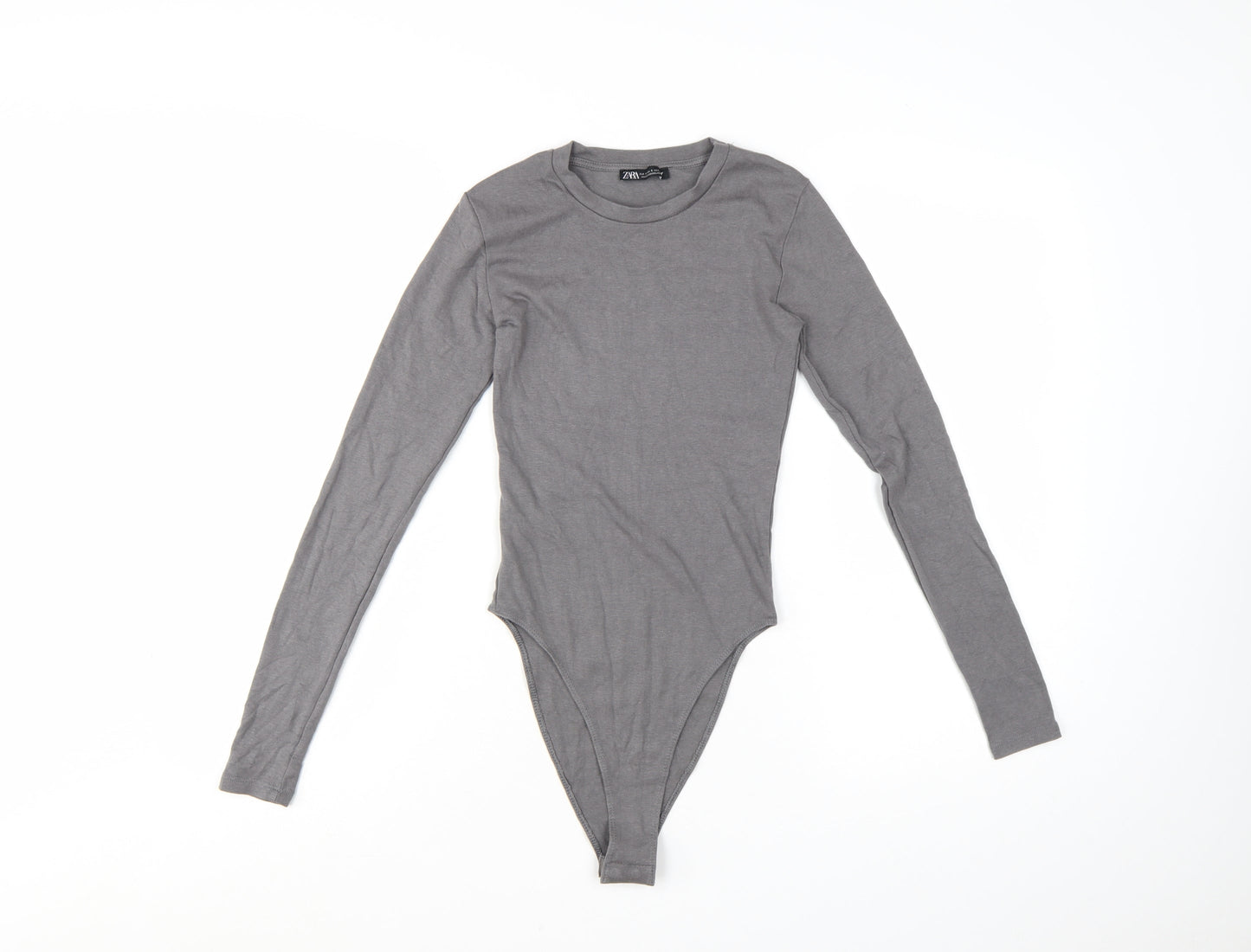 ZARA Women Grey Long Sleeve Bodysuit Size S Cotton Blend Stretch