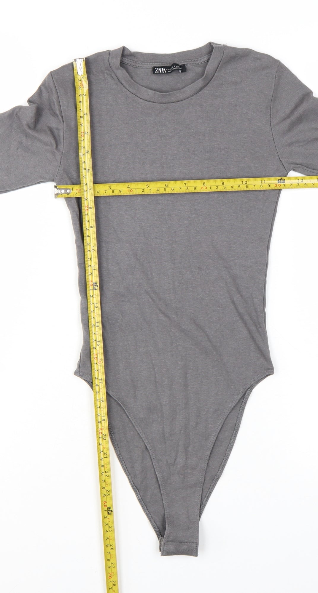 ZARA Women Grey Long Sleeve Bodysuit Size S Cotton Blend Stretch
