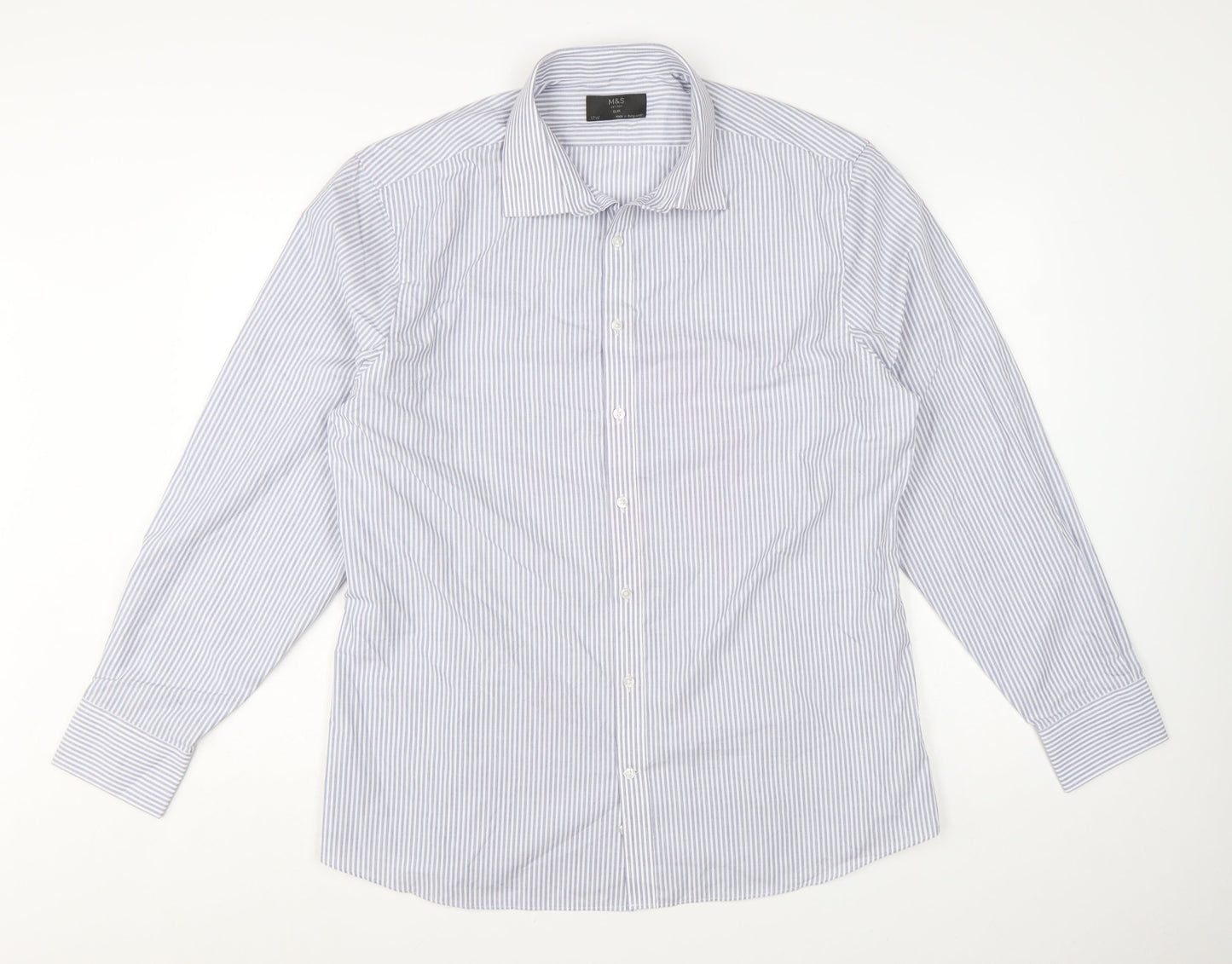 Marks and Spencer Men’s Blue Striped Slim Fit 17.5in Dress Shirt