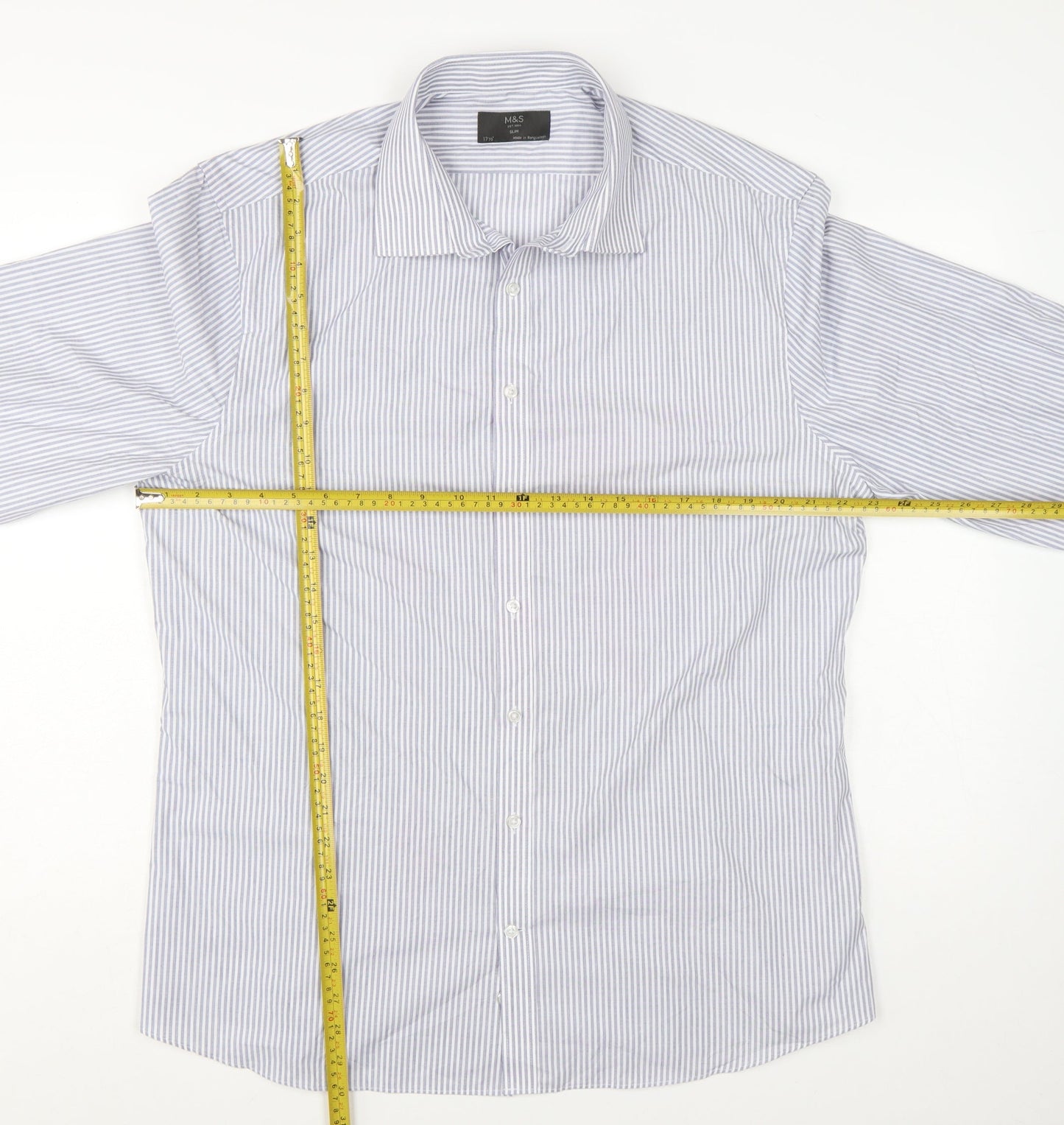 Marks and Spencer Men’s Blue Striped Slim Fit 17.5in Dress Shirt