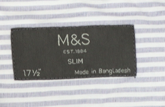 Marks and Spencer Men’s Blue Striped Slim Fit 17.5in Dress Shirt