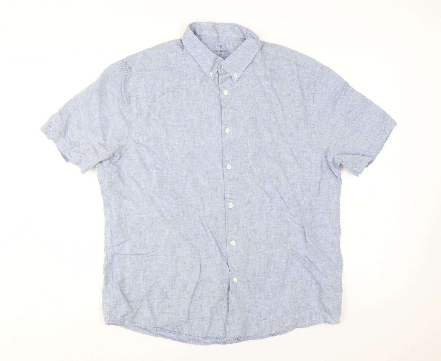 Marks and Spencer Men's Blue Linen Blend Short Sleeve Shirt XL Regular Fit