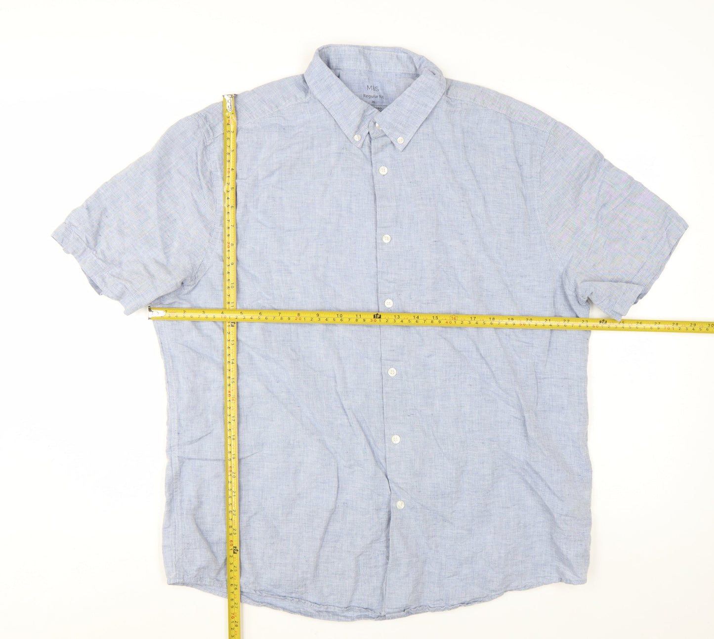 Marks and Spencer Men's Blue Linen Blend Short Sleeve Shirt XL Regular Fit