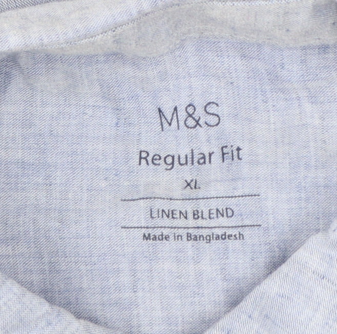 Marks and Spencer Men's Blue Linen Blend Short Sleeve Shirt XL Regular Fit