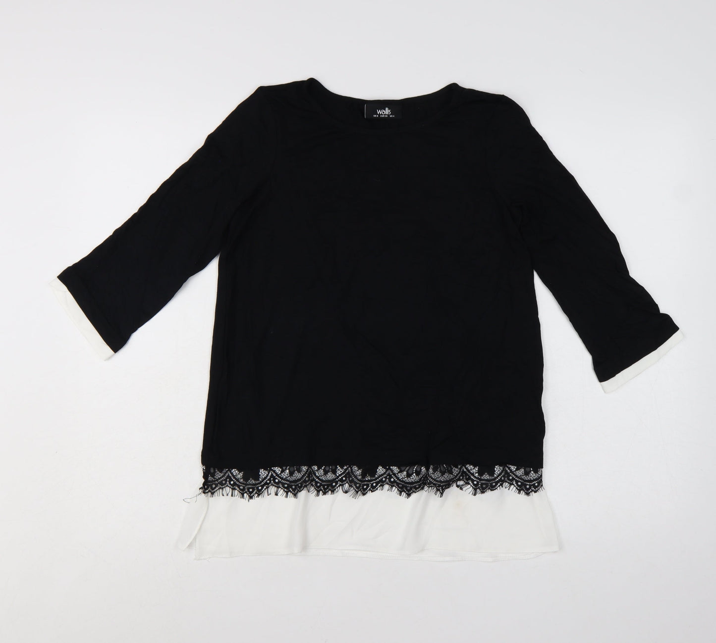 Wallis Women’s Black Lace Hem Tunic Blouse UK 8 Viscose Mix 3/4 Sleeve