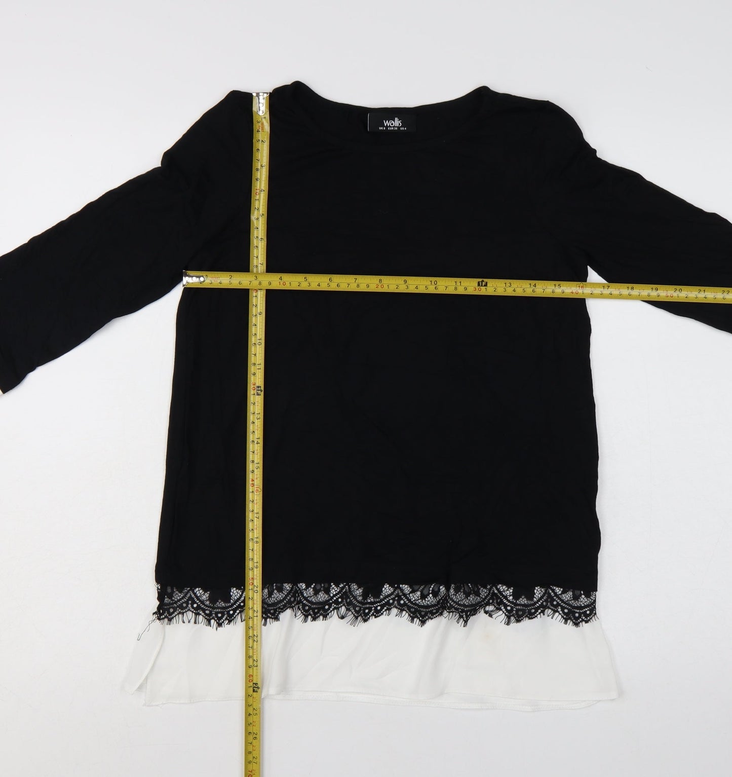 Wallis Women’s Black Lace Hem Tunic Blouse UK 8 Viscose Mix 3/4 Sleeve
