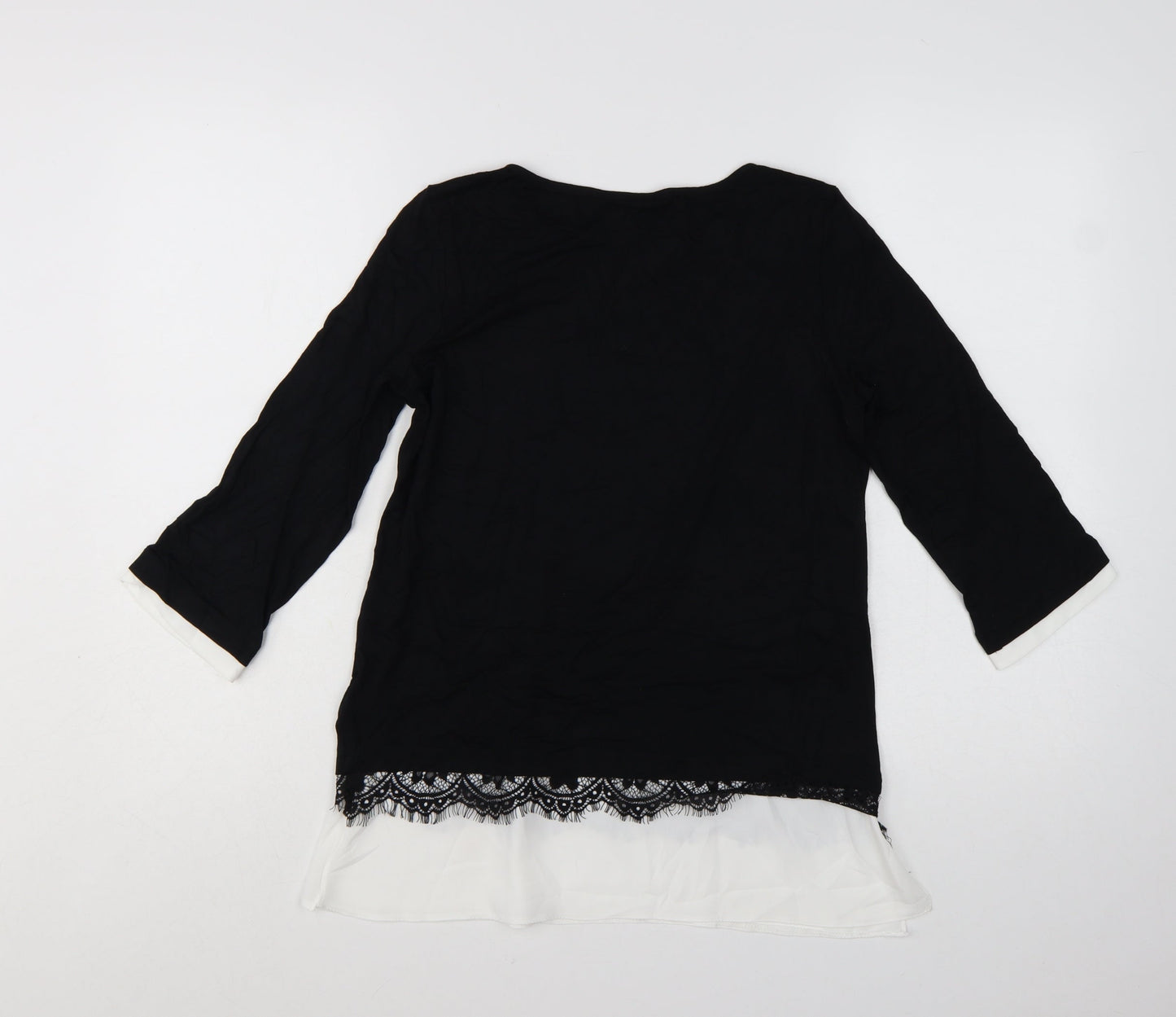 Wallis Women’s Black Lace Hem Tunic Blouse UK 8 Viscose Mix 3/4 Sleeve