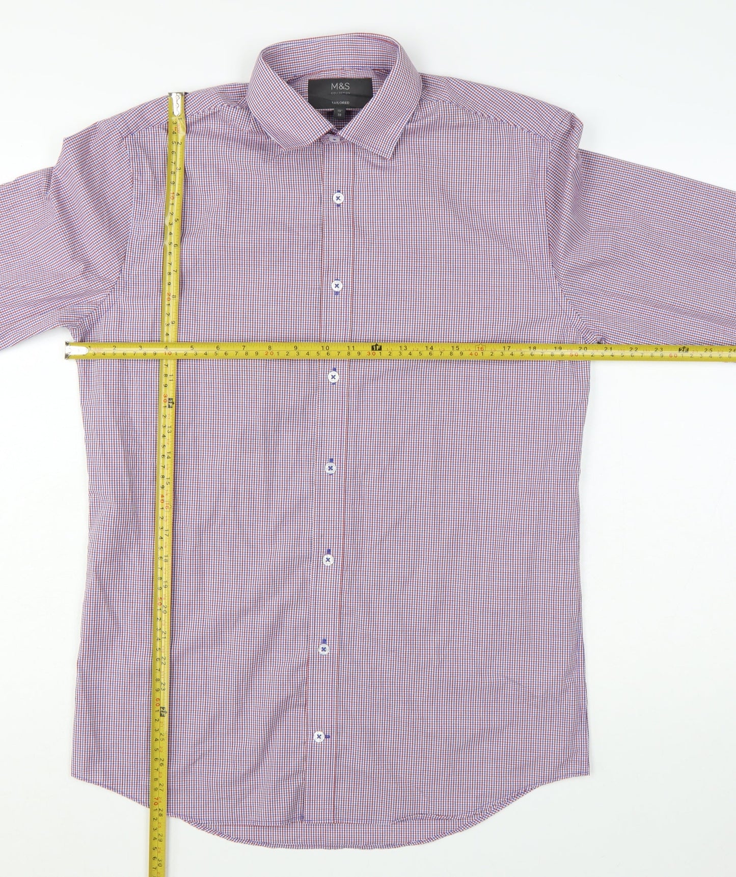 Marks and Spencer Men's Red Mix Tailored Fit Long Sleeve Check Dress Shirt 15in 38cm