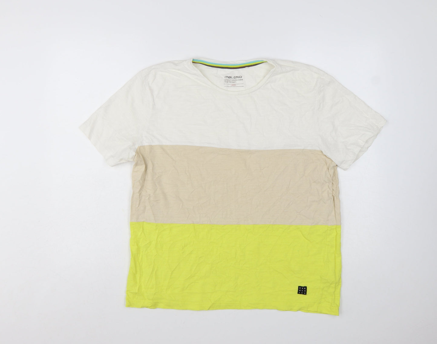 Blend Men's Beige White Yellow Colourblock Cotton T-Shirt L
