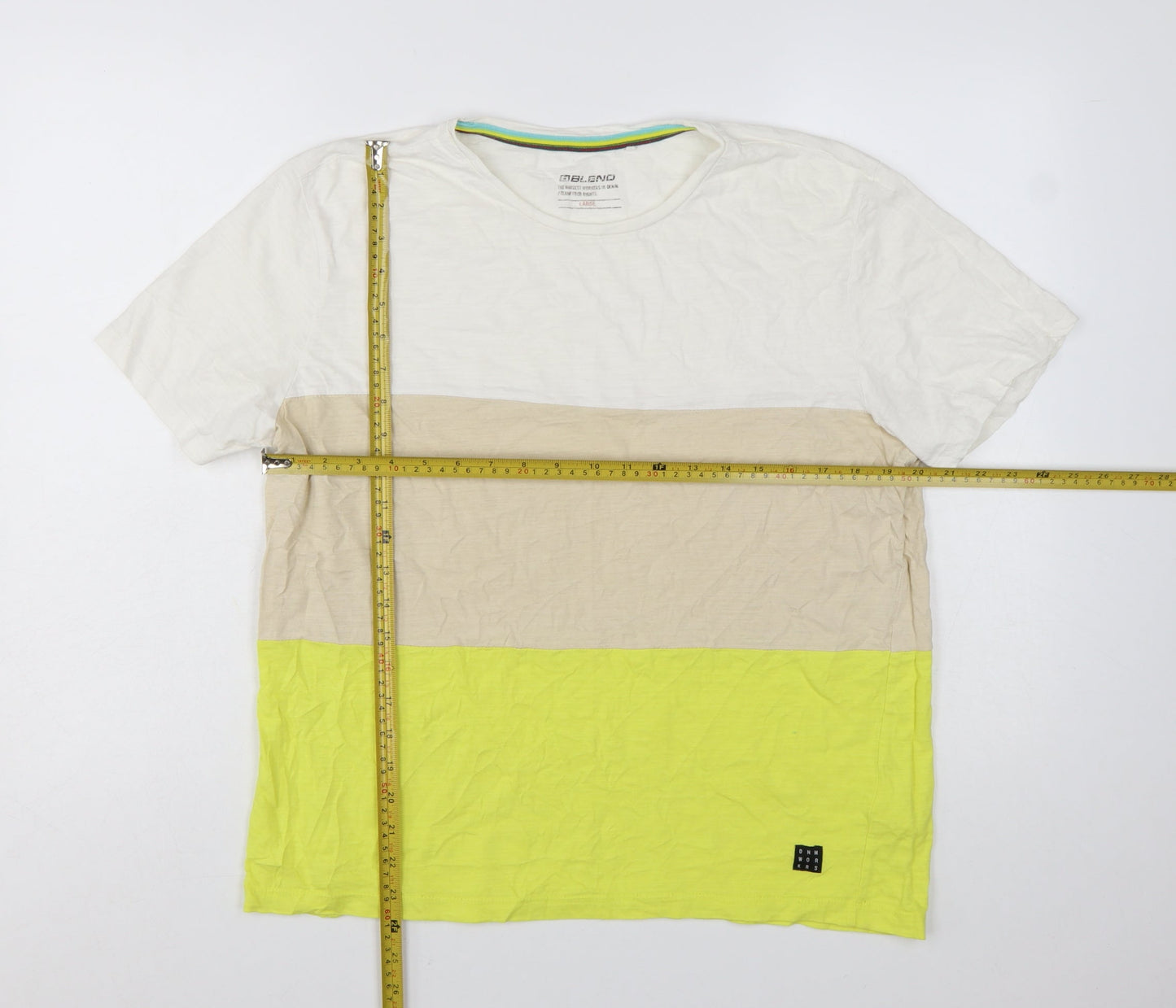 Blend Men's Beige White Yellow Colourblock Cotton T-Shirt L