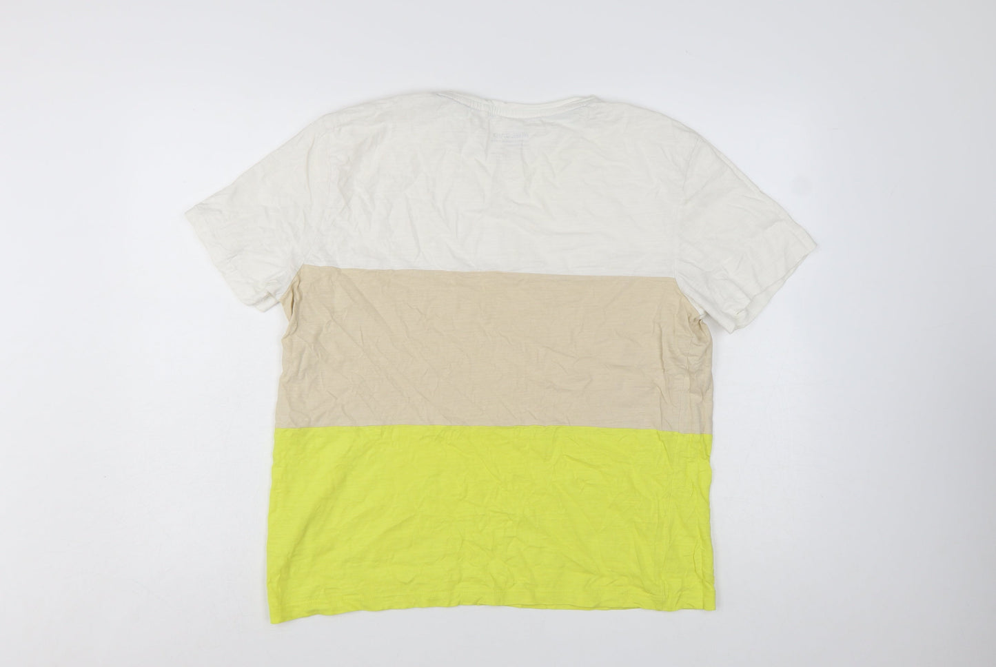 Blend Men's Beige White Yellow Colourblock Cotton T-Shirt L