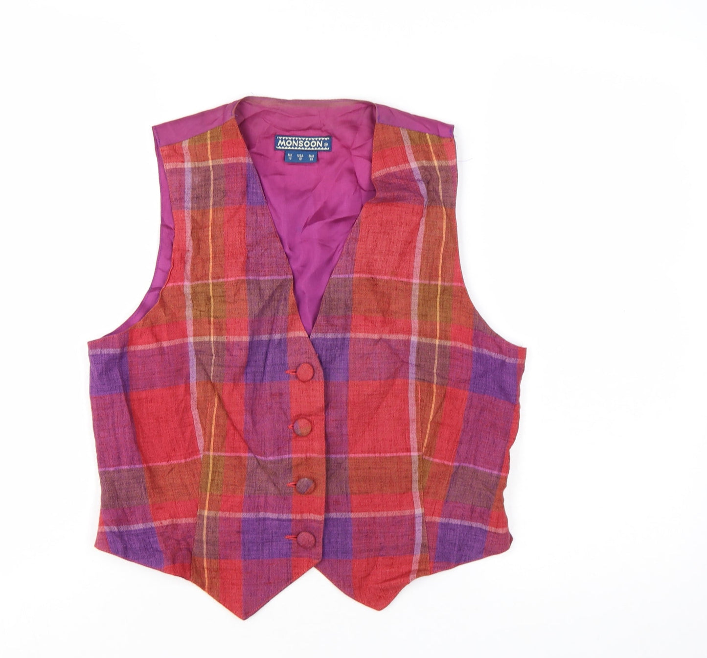 Monsoon Womens Multicoloured Size 12 Checked Linen Blend Waistcoat