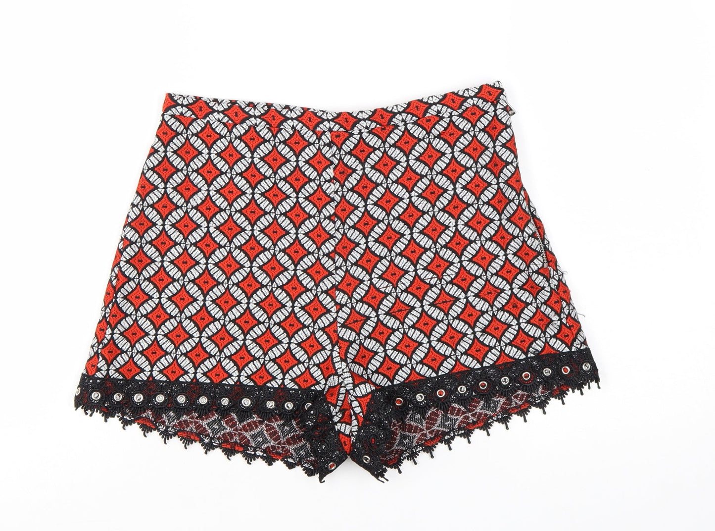River Island Womens Red Geometric Jacquard Lace High Waist Shorts Size 10