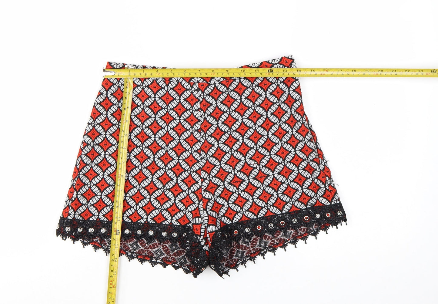River Island Womens Red Geometric Jacquard Lace High Waist Shorts Size 10