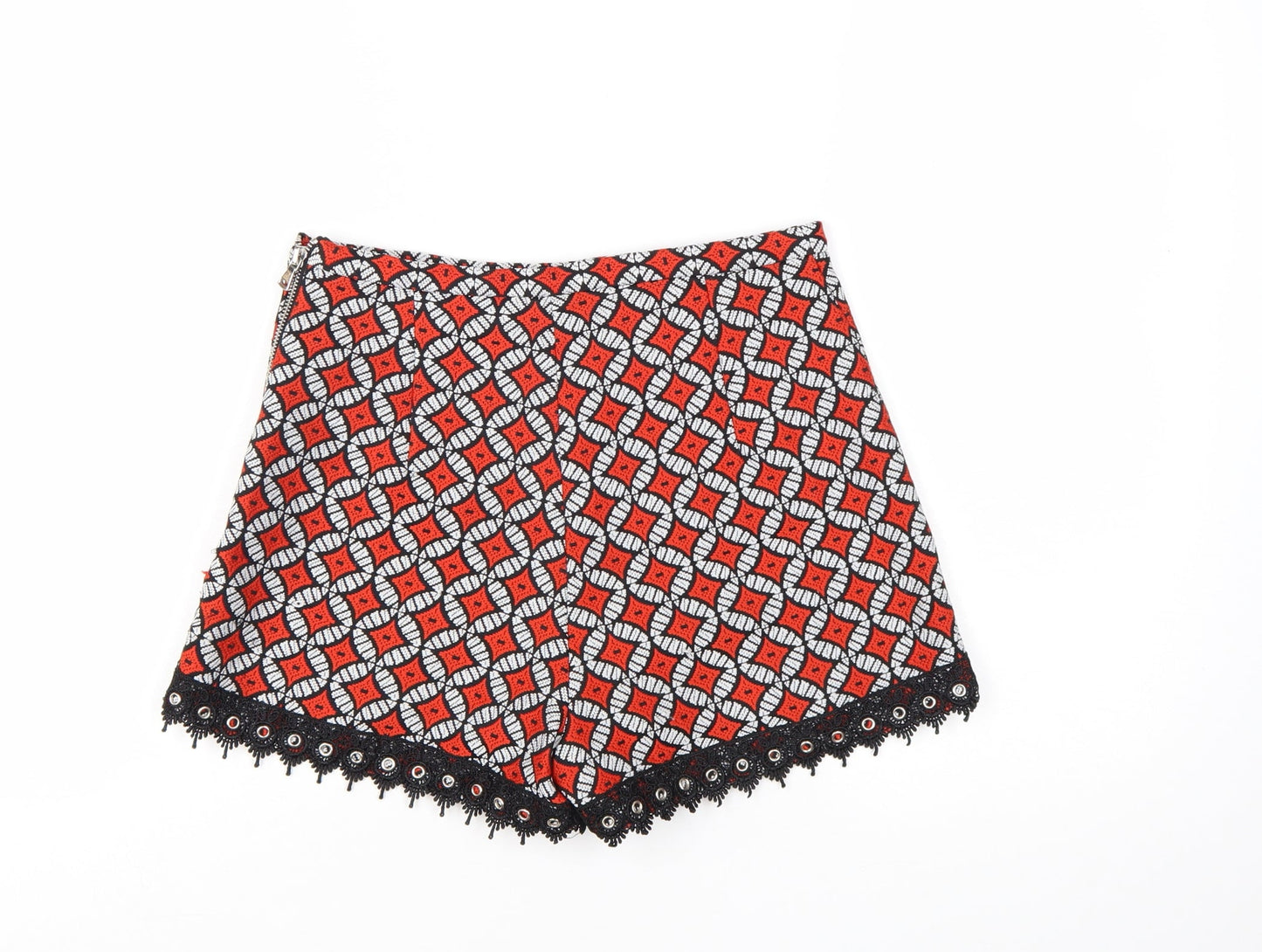 River Island Womens Red Geometric Jacquard Lace High Waist Shorts Size 10