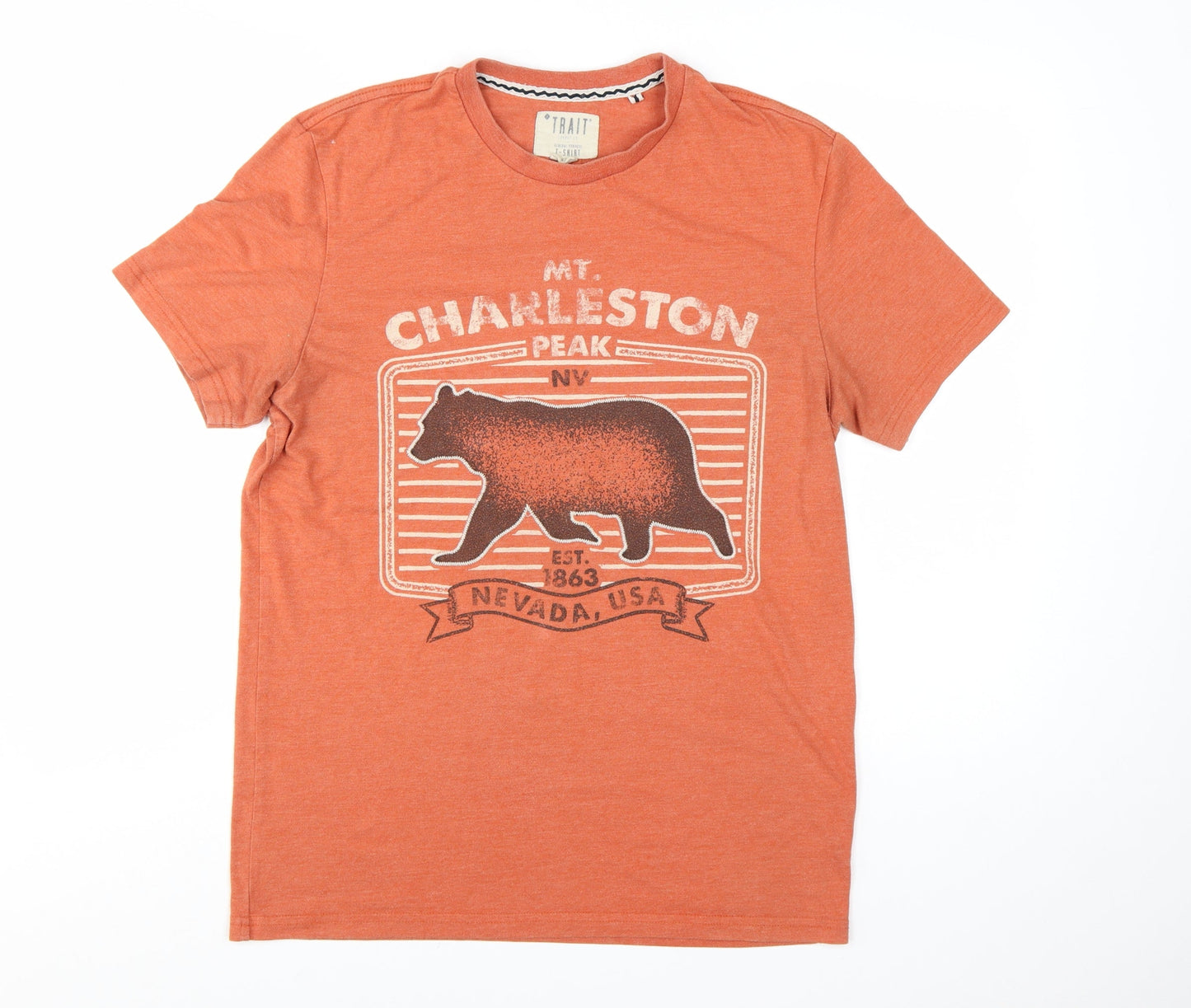 BHS Trait Men's Orange Graphic Bear Nevada USA Crew Neck T-Shirt Medium