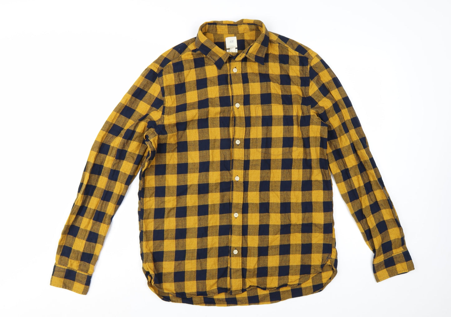 H&M Men's Yellow Check Long Sleeve Cotton Flannel Shirt M Regular Fit