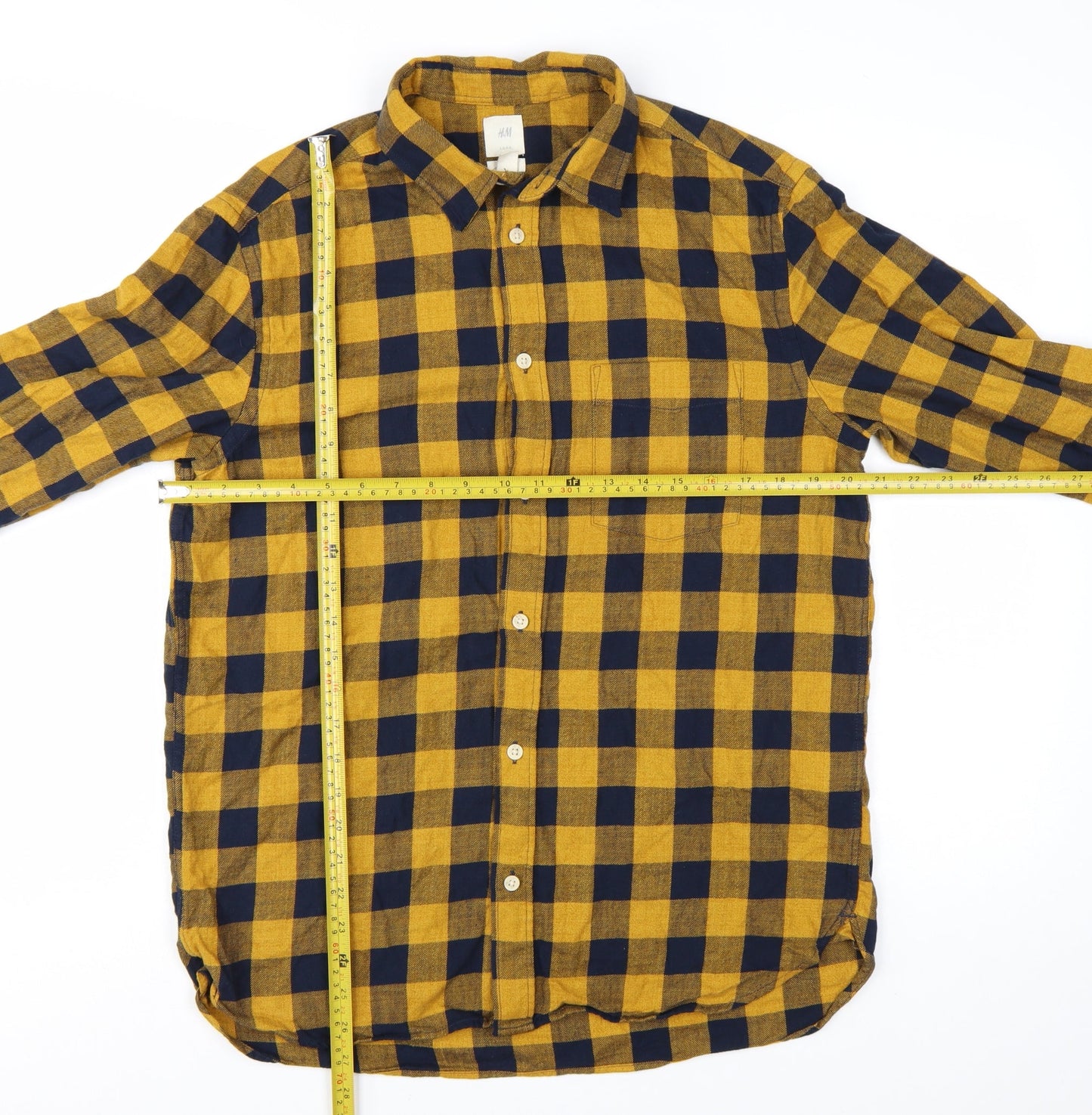 H&M Men's Yellow Check Long Sleeve Cotton Flannel Shirt M Regular Fit