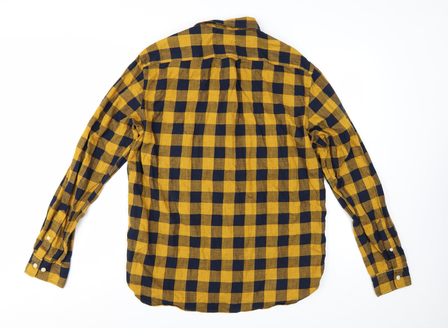 H&M Men's Yellow Check Long Sleeve Cotton Flannel Shirt M Regular Fit