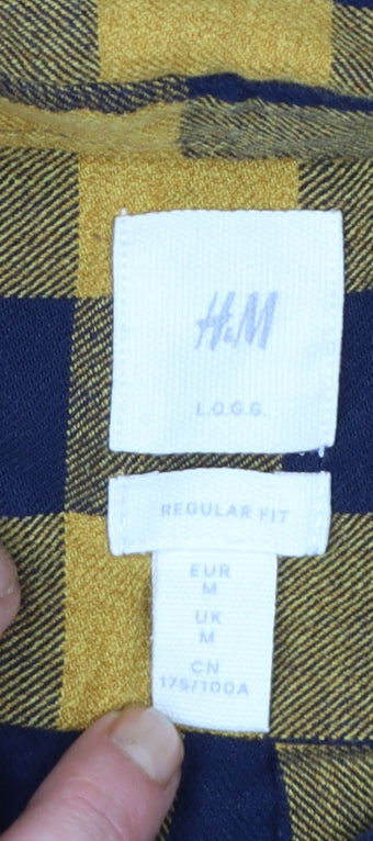 H&M Men's Yellow Check Long Sleeve Cotton Flannel Shirt M Regular Fit