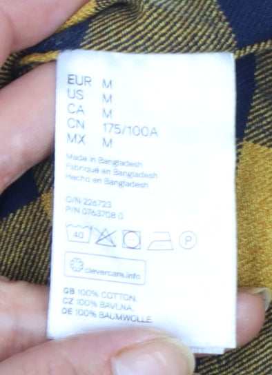 H&M Men's Yellow Check Long Sleeve Cotton Flannel Shirt M Regular Fit