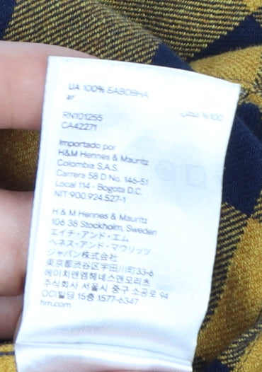 H&M Men's Yellow Check Long Sleeve Cotton Flannel Shirt M Regular Fit